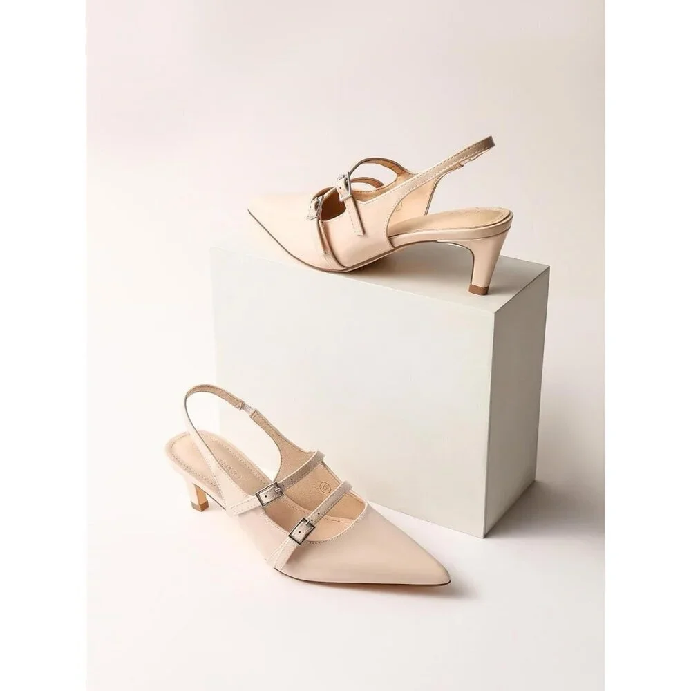 Women's Slingbak Ktiten Pumpe Closed  Pointed Toe Heels Wedding Dress Shoe Beige